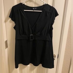 AB Studio L Top Black Buckle Waist Blouse Large Stretch Shirt Lg V-neck